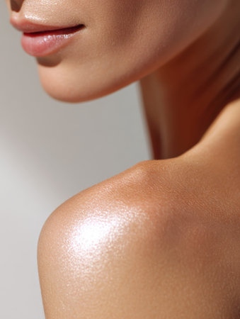 A close-up, high-key shot focusing on a woman's shoulder and chin, showing beautifully highlighted and glowing skin. The image emphasizes healthy, radiant skin with a smooth texture, capturing natural beauty and a luminous effectの素材
