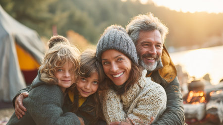 A delightful portrait of a happy family, including children, adults, sharing a warm embrace while enjoying a camping trip. The golden hour light bathes them in a serene glow, perfect for themes of family bonding, outdoor lifestyle, cherished momentsの素材