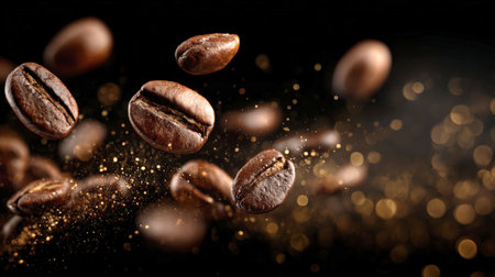Experience the vibrant essence of coffee with this captivating image showing casing whole roasted beans suspended in motion above a rich mound of finely ground coffee, evoking energy and deep, aromatic delight.の素材