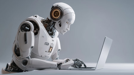 This compelling image features a sophisticated humanoid robot diligently interacting with laptop, embodying the cutting-edge fusion of artificial intelligence and technology. Concepts of automation, programming, data analysis, and the future of workの素材