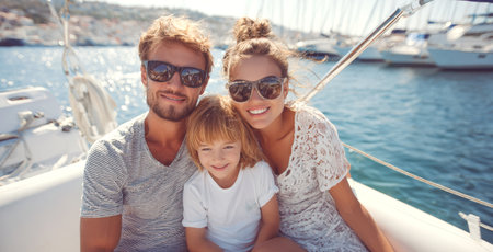 Capture the essence of a dream vacation with this image of a happy family on a yacht. Ideal for illustrating themes of luxury travel, family holidays, boating, and summer adventures by the sea.の素材
