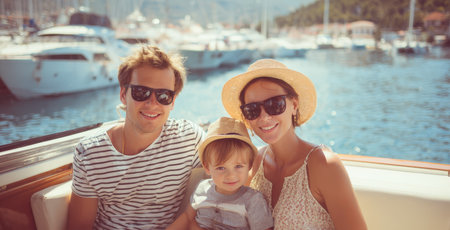father, mother, child - wearing sunglasses, smiling at the camera while enjoying a sunny day on a boat. In the blurred background, a marina filled with yachts suggests a luxurious vacation settingの素材