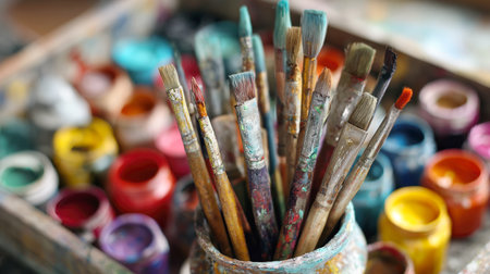 A close-up, high-angle shot of numerous paintbrushes, some used and stained with vibrant colors, standing upright in a pot. In the blurred background, an assortment of open paint pots in various hues suggests lively and creative artistic environmentの素材