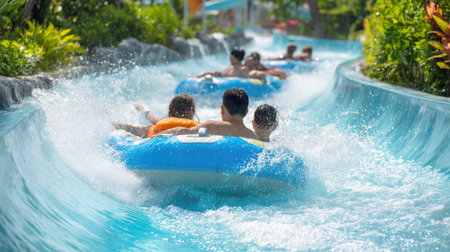 Experience the joy of a water park! This vibrant image captures people laughing and splashing as they navigate a thrilling water slide on inflatable tubes, embodying summer, recreation, and pure enjoyment.の素材