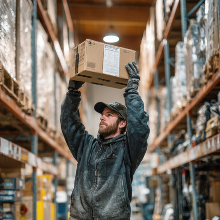 A hardworking male warehouse worker, wearing a cap and gloves, diligently lifts a cardboard package above his head in an industrial storage facility. This image embodies dedication, efficiency, essential role of logistics in modern supply chainsの素材