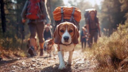 Embrace the call of the wild with this heartwarming image of a beagle leading a group of hikers through a sun-dappled forest. Perfect for themes of pet travel, outdoor adventure, and nature walks.の素材