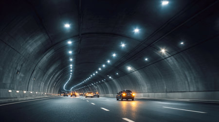Well-lit tunnel with vehicles in motion, highlighting transportation networks, engineering marvels. Topics of urban development, travel, infrastructure, speed, efficiency in contemporary society.の素材