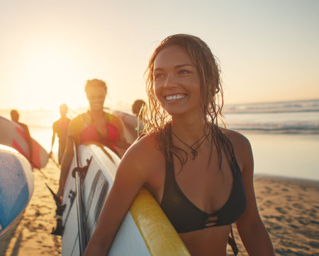 A radiant young woman with wet hair, wearing a black bikini top, smiles broadly while holding a paddleboard on a sandy beach at sunset. Other people and paddleboards are blurred in the background, creating a lively, adventurous atmosphere.の素材
