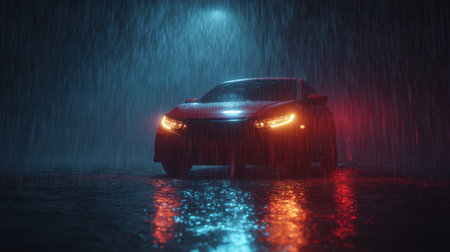 Powerful red sports car captured in dramatic night rain scene, with its bright headlights illuminating the falling droplets, wet asphalt. This image conveys speed, luxury, bad weather, dynamic motion.の素材
