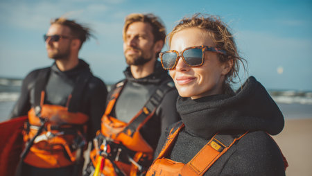 Three individuals, wearing wetsuits and harnesses, stand on a beach looking out at the ocean. The woman in the foreground wears stylish sunglasses and smiles, conveying confidence and anticipation for watersportsの素材