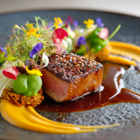 A beautifully plated gourmet dish featuring a perfectly seared duck breast, adorned with colorful edible flowers, microgreens, and a rich sauce, elegantly presented on a dark textured plate. Perfect for upscale dining promotions.の素材