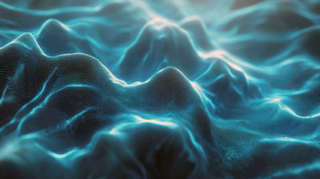 captivating abstract background featuring a wavy landscape of interconnected, glowing blue and cyan particles, creating a sense of digital data flow, futuristic technology, or scientific visualization.の素材