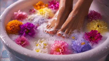 Bare feet with white painted toenails are immersed in a bubbly foot bath adorned with an array of colorful flowers, including pink, orange, yellow, and purple blooms. This image evokes a sense of relaxation, pampering, and self-care.の素材