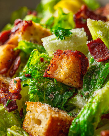 An inviting close-up of a fresh Caesar salad, featuring crisp romaine lettuce, crunchy golden croutons, savory bacon bits, and gratified parmesan cheese. A timeless and delicious culinary classic.の素材