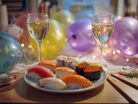 A tempting plate of fresh sushi and two glasses of white wine, set against a festive backdrop of colorful party balloons and twinkling lights. Ideal for celebrations and special occasions.の素材