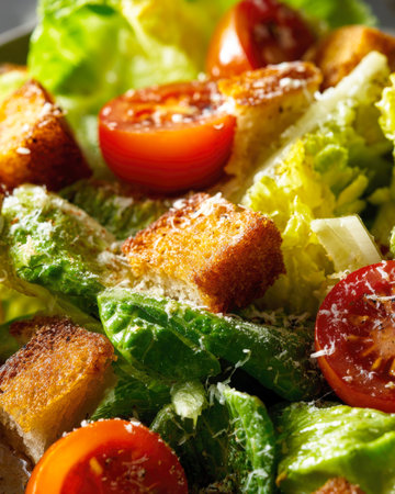 A vibrant, appetizing close-up of classic Caesar salad, showing crisp romaine lettuce, crunchy golden croutons, bright red cherry tomatoes, and a generous sprinkle of grated parmesan cheese. Perfect for healthy eating, restaurant menu, food blogの素材