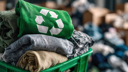 A close-up of a stack of folded clothes, with a bright green item featuring a prominent white recycling symbol on top, resting in a green plastic crate, representing textile recycling and sustainable fashion.の素材