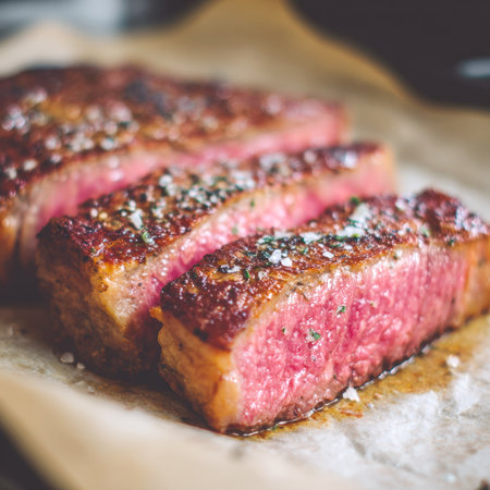 A mouthwatering close-up of a perfectly cooked steak, sliced to reveal its juicy, medium-rare interior. Garnished with coarse salt and fresh herbs, it's an ideal image for showcasing culinary perfection and gourmet dining.の素材