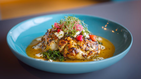 This artfully presented dish features a beautifully roasted cauliflower steak, drizzled with a flavorful sauce, and adorned with vibrant microgreens and fresh herbs. An excellent choice for culinary showcases and healthy lifestyle content.の素材