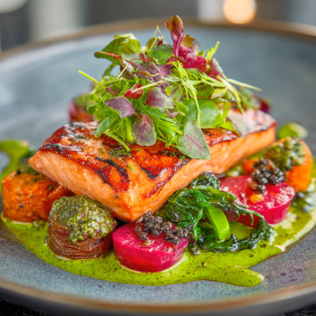 Perfectly seared salmon fillets, presented beautifully on a plate with vibrant roasted vegetables, a vivid green sauce, fresh microgreens, and a touch of caviar. A delicious and elegant restaurant dishの素材