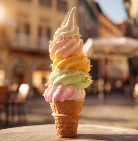 A tall, artfully swirled ice cream cone features multiple vibrant colors of soft serve topped with sprinkles, set against a blurred background of an outdoor plaza, perfect for summer treat visuals.の素材