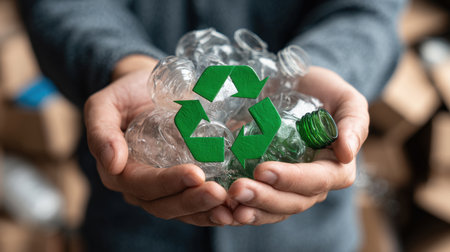 A person's cupped hands hold a pile of clear plastic bottles, prominently featuring a vibrant green recycling symbol. This image powerfully conveys themes of environmental protection, sustainability, and waste management.の素材
