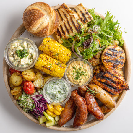 A large, beautifully arranged circular wooden platter brimming with grilled sausages, chicken, halloumi cheese, corn on the cob, roasted potatoes and tomatoes, fresh salads, and various dipping sauces. Perfect for a hearty gathering or celebrationの素材
