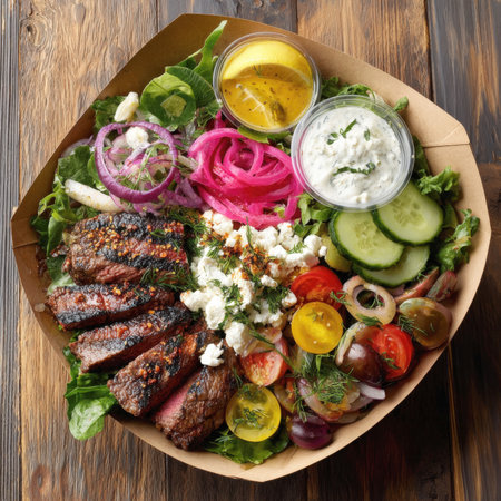 A vibrant, healthy bowl featuring perfectly grilled steak slices, crisp mixed greens, feta cheese, colorful heirloom tomatoes, cucumber, pickled red onions, and two distinct dressings. Ideal for a balanced, gourmet meal or healthy fast-casual dining.の素材