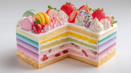 vibrant, cut rainbow layer cake reveals its colorful sponge and strawberry cream filling, beautifully adorned with fresh strawberries, macarons, and whipped cream on top, set against a clean white background, perfect for celebrations.の素材