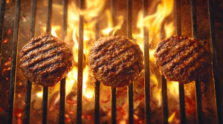 Close-up of three juicy beef patties cooking on a fiery grill, with visible char marks and vibrant flames. Perfect for evoking the deliciousness of grilled food, summer barbecues, and gourmet burger preparations.の素材