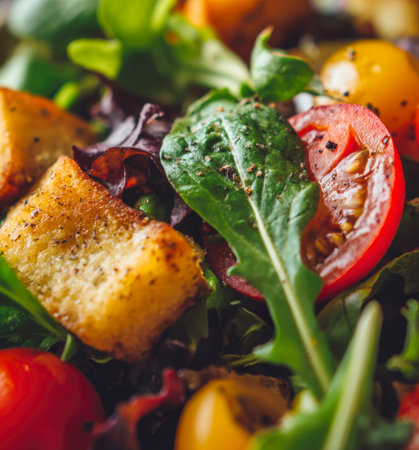 Fresh garden salad, featuring medley of crisp green, red lettuce, juicy cherry tomatoes, golden croutons, sprinkle of black pepper. Perfect for promoting healthy eating, freshness, delicious cuisine.の素材