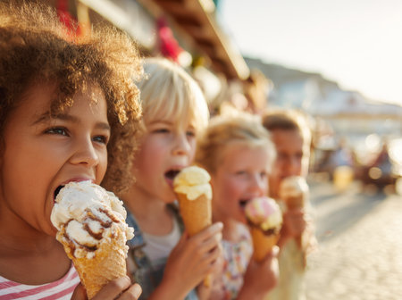 A group of happy children eagerly enjoying ice cream cones on a sunny outdoor day, with one child in the foreground taking a big bite, capturing the joyful essence of summer treats and childhood delight.の素材