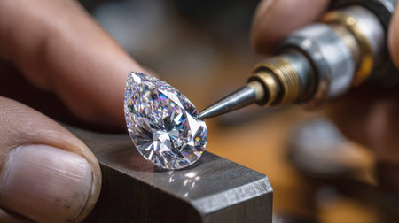 A close-up view of a master artisan meticulously cutting and polishing a magnificent pear-shaped diamond, showing the intricate process and sparkling facets of this precious gemstone in a detailed, professional setting.の素材