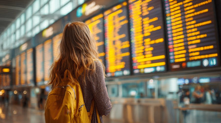 A solitary young woman, seen from behind, standing in a busy airport terminal with a yellow backpack, attentively checking a large digital departure board for her flight details. Ideal for themes of travel, adventure, and transit.の素材