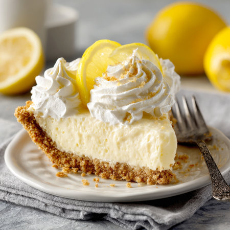 Slice of creamy lemon meringue pie, boasting thick, luscious filling, golden graham cracker crust, beautifully topped with swirls of whipped cream, lemon slices, sprinkle of crumbs, presented on a white plate with a fork, fresh lemons in backgroundの素材