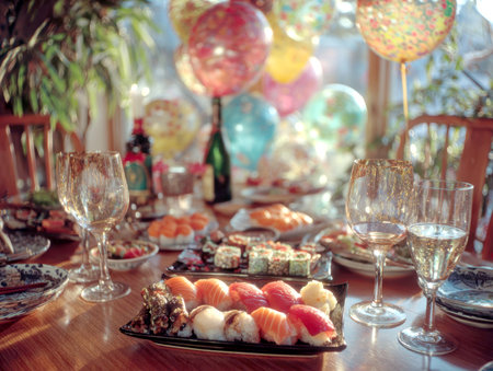 A beautifully arranged dining table, laden with an inviting spread of various sushi and maki rolls, complemented by wine glasses and colorful party balloons in the background, creating a festive and elegant atmosphere for an indoor celebration.の素材