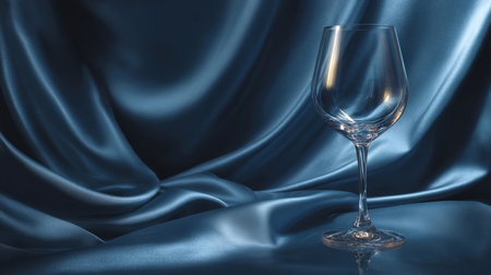 An elegant, empty wine glass stands prominently against a backdrop of flowing, luxurious blue silk fabric. The subtle reflections and soft lighting create a sophisticated and refined atmosphere, ideal for themes of celebration, luxury, fine dining.の素材