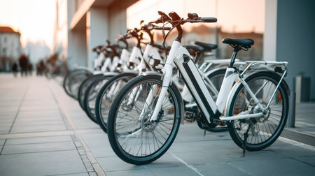 row of sleek white electric bicycles parked on a city sidewalk, ready for rental or shared use. This image represents sustainable urban mobility, eco-friendly commuting, and modern transportation solutions for city dwellers and tourists.の素材