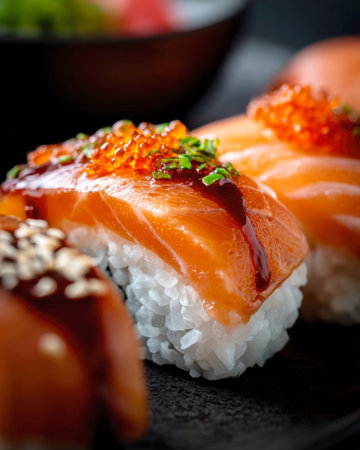 Close-up of delectable salmon nigiri sushi, featuring glistening fresh salmon, bright orange salmon roe (ikura), and a savory-sweet glaze, perfectly presented on a dark plate. An inviting image for Japanese cuisine and gourmet food themes.の素材