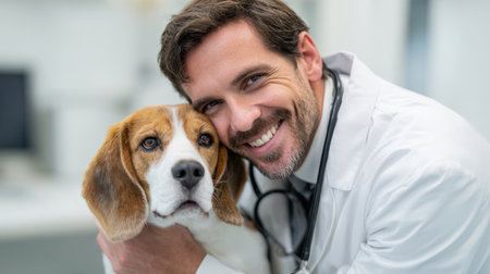 A heartwarming image of a cheerful male veterinarian lovingly embracing a cute beagle, perfect for showcasing gentle animal care and veterinary services.の素材