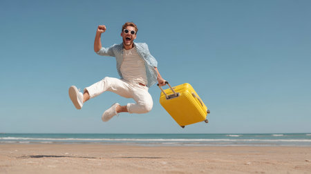 A vibrant image capturing the pure elation of a man mid-air on a sunny beach, celebrating his travels with a bright yellow suitcase, embodying the spirit of a perfect holiday getaway.の素材