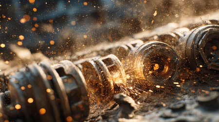 Dynamic close-up of an industrial grinding process on a metal part, producing a dramatic shower of bright orange and yellow sparks. Captures the intense heat and energy of manufacturing, engineering, and heavy industry.の素材
