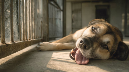 A close-up of a tired, mixed-breed dog with its tongue out, lying on concrete beside a metal fence, looking directly at the camera with a wistful expression. Symbolizes pet adoption, animal rescue, and the need for a loving home.の素材