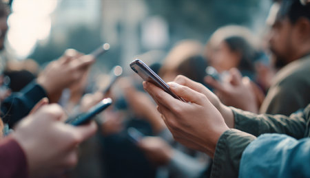 Close-up of multiple hands holding smartphones in bustling crowd, illustrating widespread mobile device usage. Perfect for concepts of digital communication, social media, connectivity, technology addiction, information sharing in urban environmentsの素材
