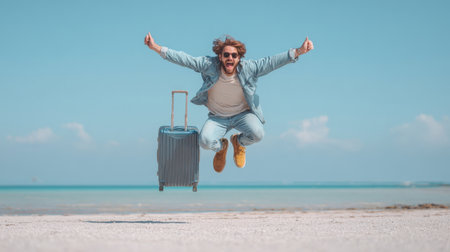 A vibrant, excited man with sunglasses and casual clothes leaps high into the air with arms outstretched, giving a thumbs-up, next to a suitcase on a sandy beach. Symbolizes freedom, happiness, travel, and the thrill of vacation.の素材