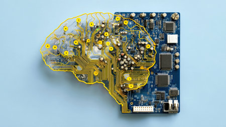 Abstract digital representation of brain with glowing neural networks, binary code, symbolizing artificial intelligence, machine learning, advanced technology. Ideal for concepts related to big data, cybersecurity, innovation, digital transformationの素材