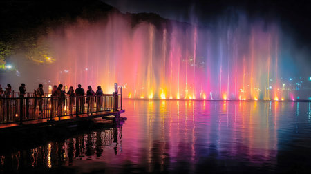 Colorful musical fountain show with illuminated red, orange, yellow, purple water jets reflecting on dark lake. A popular attraction for evening entertainment, tourism.の素材