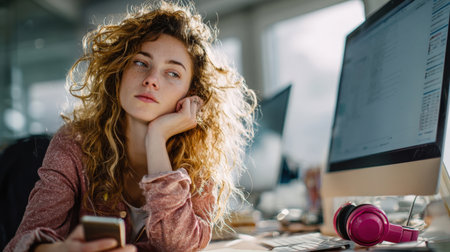 A contemplative young woman with curly hair, holding a smartphone, gazes thoughtfully while working at a sunlit desk. Ideal for themes of remote work, digital communication, creative thinking, or a moment of reflection in a modern office environmentの素材
