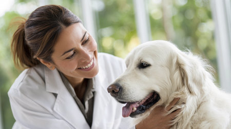 A warm and smiling female veterinarian in a white lab coat gently interacts with a happy golden retriever, stroking its fur during a routine check-up at a bright and modern animal clinic. Emphasizes pet health and professional care.の素材
