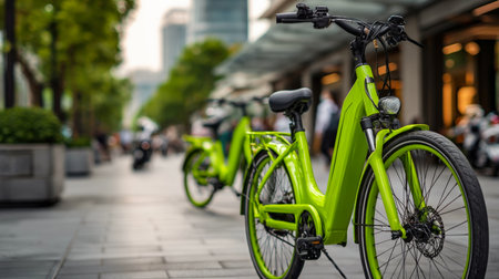 Bright green rental bicycles parked on a city street, symbolizing eco-friendly urban mobility, sustainable transport, and the convenience of modern shared bicycle programs in an urban environment.の素材
